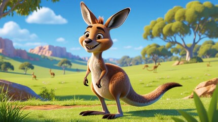 Cartoon kangaroo stands in grassy field sunny sky distant mountains  trees