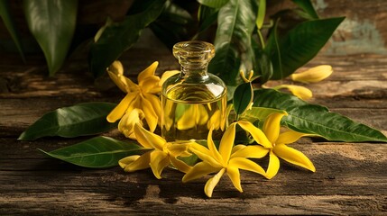 Ylang-Ylang essential oil in clear bottle with flowers on wood