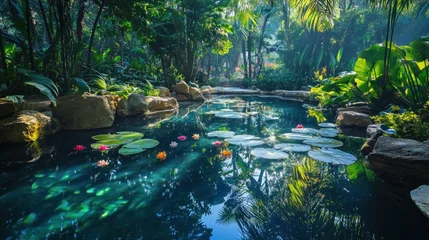 Poster de jardin  Lush tropical garden with a tranquil pond.  © mahir