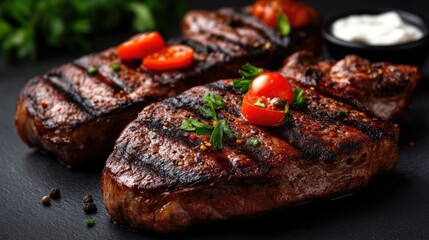 Three grilled steaks, seasoned and topped with cherry tomatoes and herbs