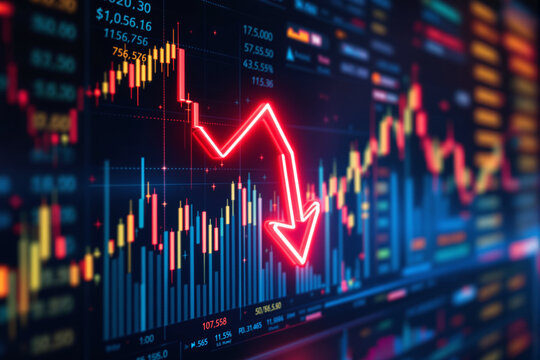 Red arrow pointing down over colorful digital financial chart on dark background, symbolizing business decline and stock market crash. Ai generative - Powered by Adobe