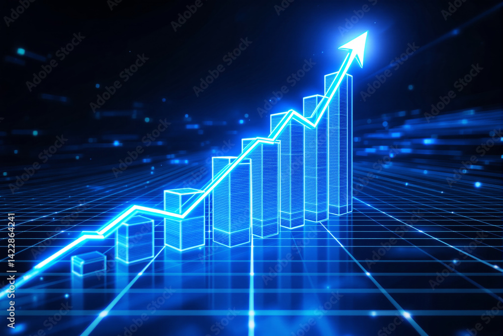 Aufkleber digital 3d-style glowing bar chart with rising arrow on a blue grid background representing business