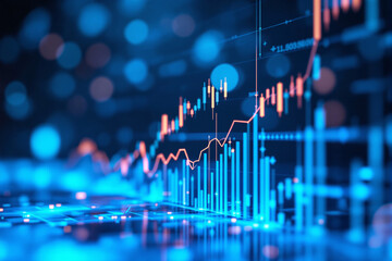 Colorful bar and line charts with glowing digital elements representing business financial growth and data analysis on a blue abstract background. Ai generative