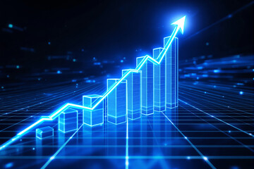 Digital 3D-style glowing bar chart with rising arrow on a blue grid background representing business success, growth, and futuristic financial concept. Ai generative