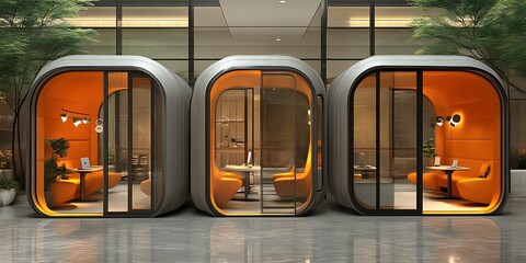 Three modern orange and gray office pods.