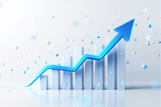 Abstract bar chart with blue upward arrow and floating digital spheres on white background, symbolizing business growth and financial success. Ai generative