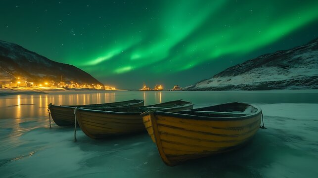 Two wooden boats on icy shore under aurora borealis. - Powered by Adobe