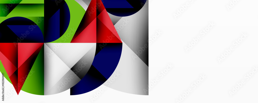 Poster abstract geometric composition. shapes overlap, creating vibrant color blocks. red, green, white, bl