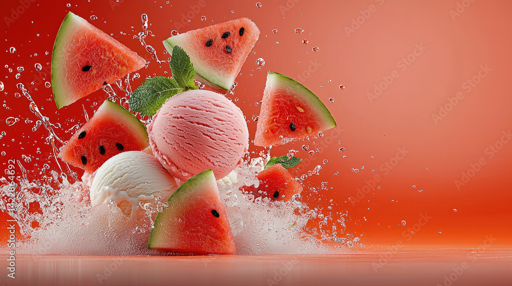 Poster delicious ice cream scoops surrounded by fresh watermelon slices create refreshing summer vibe. vibr