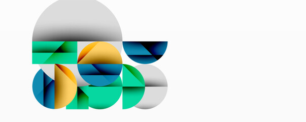 Abstract geometric composition. Overlapping circles, rectangles create dynamic visual effect. Colors include teal, orange, blue, gray. Minimalist design, clean lines, modern aesthetic.