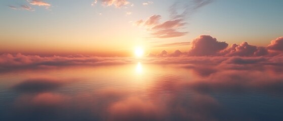 Obraz premium Sunset above clouds reflecting on calm water.