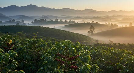 Serene Coffee Farm Landscape with Morning Mist
