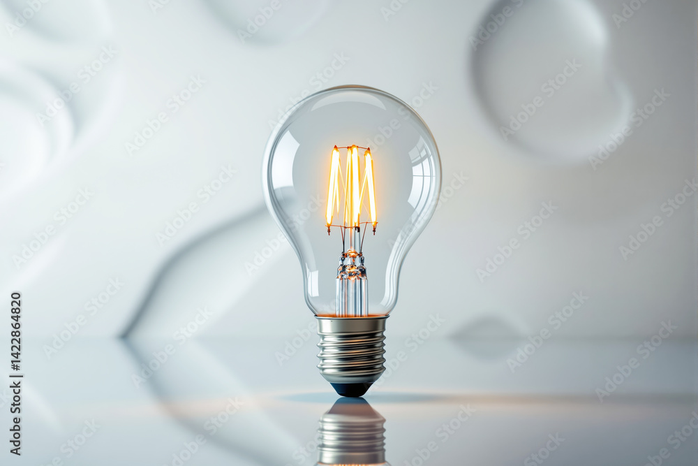 Poster glowing light bulb on glossy surface with smooth abstract background, hyperrealistic style, represen