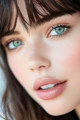 Close-up portrait of a young woman with striking green eyes indoor setting beauty photography natural lighting intimate perspective
