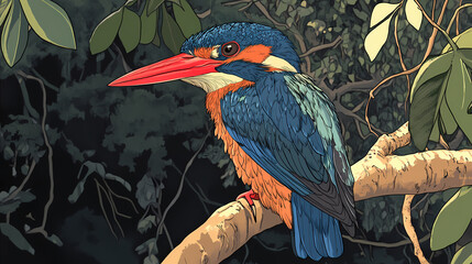 Large billed kingfisher bird. Halcyon Stream. Illustration