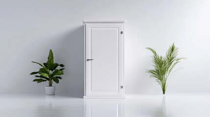 White Wardrobe with Plants Minimalist Interior Design, High-quality Render, Centered Full View, Simple Lines, Standing Display, Bright Room, Clean White Tones, Ideal for Home Decor Websites
