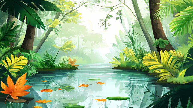 Serene view of a tropical forest with a calm stream reflecting green foliage and fallen leaves, promoting tranquility and natural beauty. Mindveil Stream. Illustration