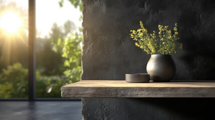 Rustic shelf with vase of yellow flowers, sunlit interior
