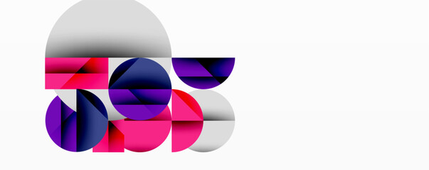 Abstract geometric composition. Overlapping circles, rectangles create dynamic visual effect. Vivid magenta, purple, navy contrast with soft gray, white background. Modern design.
