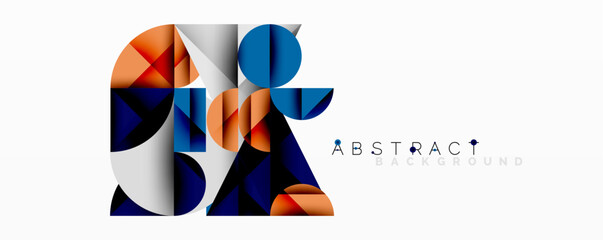 Geometric shapes blend, creating dynamic composition. Blue, orange, gray tones dominate design. Modern aesthetic, suitable backgrounds, presentations, branding materials. Minimalist style offers versa