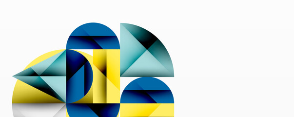 Abstract geometric composition. Overlapping shapes create dynamic visual interest. Blue, yellow, teal hues dominate design. Minimalist aesthetic, clean lines present modern feel.