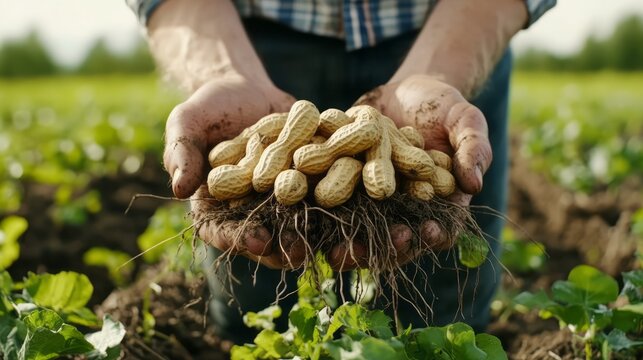 Farmer proudly displays freshly harvested peanuts in his hands
