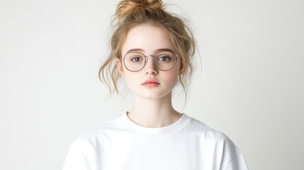 Teenage girl wearing round glasses, casual style