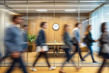 Group of business people in motion blur walking by office meeting room with wood panel background, indoor plant, and wall clock. Concept of busy workplace. Ai generative