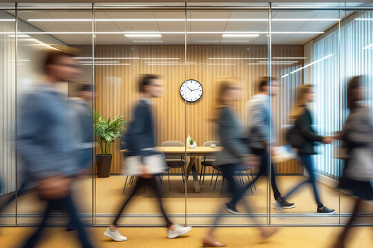 Group of business people in motion blur walking by office meeting room with wood panel background, indoor plant, and wall clock. Concept of busy workplace. Ai generative