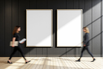 Two empty posters on dark wall with wood floor, businesswomen walking by, minimal office background, concept of corporate presentation, Ai generative