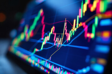 Colorful candlestick chart with financial lines and data on a glowing blue background, representing business analysis and market trends. Ai generative