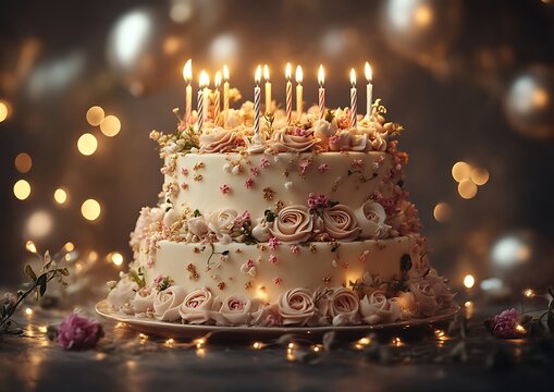Two-tiered birthday cake with candles and flowers.