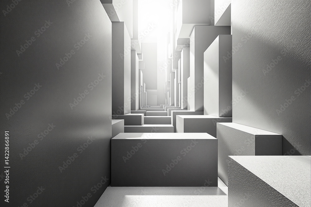 Poster abstract geometric corridor of large gray blocks with textured surfaces, minimalist futuristic backg