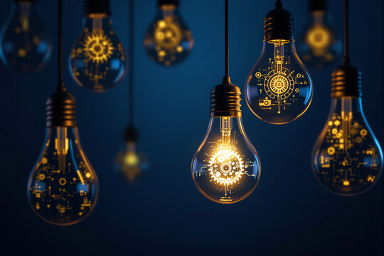 Glowing hanging light bulbs with circuit patterns inside, futuristic graphic style, on a blue background, concept of innovation and business. Ai generative - Powered by Adobe