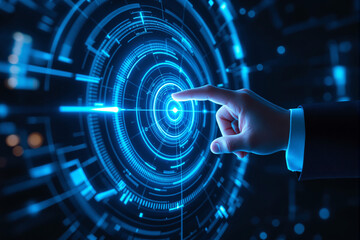 Businessman hand touching digital futuristic interface with glowing blue HUD graphics on dark background. Concept of innovation and technology. Ai generative