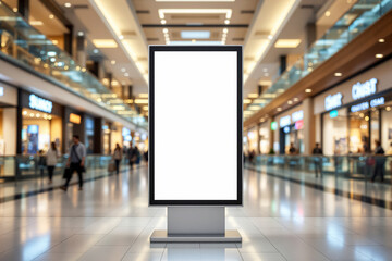 Blank digital advertising billboard display in shopping mall with blurred background of people and shops, concept for business promotion. Ai generative