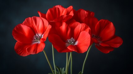 Obraz premium Studio shot of red poppy blossoms against dark background. Possible use Stock photo for nature, floral, and botanical themes