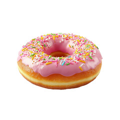 donut with pink frosting and sprinkles on white background