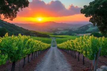 Fototapeta premium Sunset over vineyard rows, dirt road.