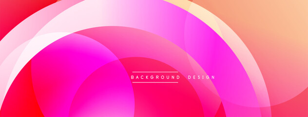 Abstract design features overlapping circles, vibrant pinks, reds, oranges. Gradient transitions create smooth visual flow. Modern, dynamic background element.