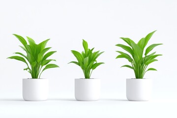Three potted plants in white pots against a white background. Lush greenery, healthy foliage, simple design, minimalist aesthetic, home decor, office plants, indoor plants, fresh plants,