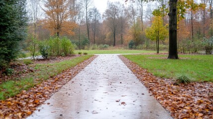 Autumnal path through a park on a rainy day.  Leaves litter the walkway, leading into a wooded area
