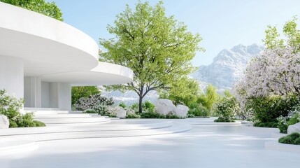 Modern, minimalist exterior of a contemporary home nestled in a lush garden setting, featuring flowing, curved white architecture and abundant greenery, creating a serene,