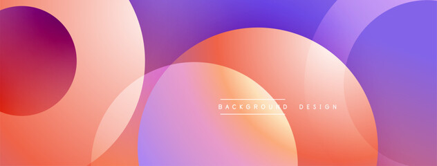 Abstract composition featuring overlapping circles, gradients shifting from purple to orange. Soft color palette creates modern, dynamic visual experience. Minimalist design suitable for backgrounds.