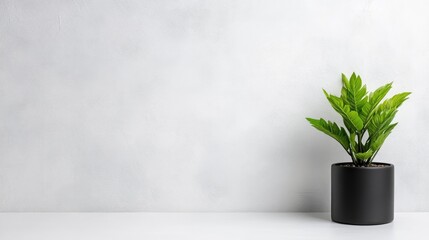 A lush green plant in a black pot sitting on a white surface against a minimalist light gray wall, and simple and modern interior design concept.