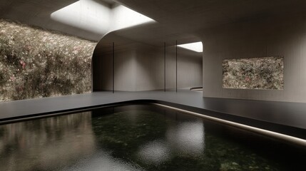 Modern minimalist interior with a calm, serene aesthetic.  A space featuring an indoor pool,  lush vertical garden walls, and subtle, soft lighting creating an atmosphere of tranquility and relaxation