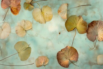 Dried Leaves on Teal Background Artistic Autumn Nature Photography