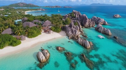 Pristine Seychelles beach resort with granite formations.