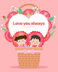 귀여운 어린이캐릭터를 포함한 카네이션 가득한 어버이날 일러스트