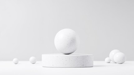 A white sphere balanced on a cylindrical pedestal in a minimalist setting, surrounded by smaller spheres, and abstract composition on a clean background.